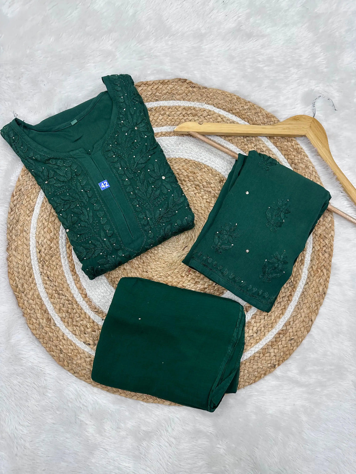 Ranjha Soft Rayon Cotton Mukaish Work Premium Quality Set - Pine Forest
