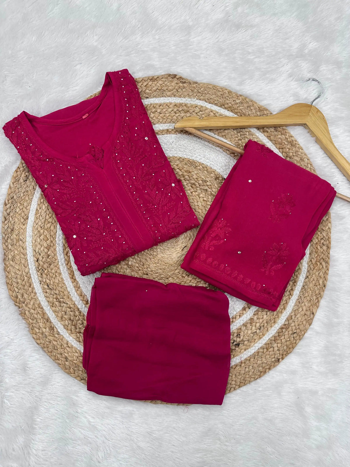 Ranjha Soft Rayon Cotton Mukaish Work Premium Quality Set - Dark Pink
