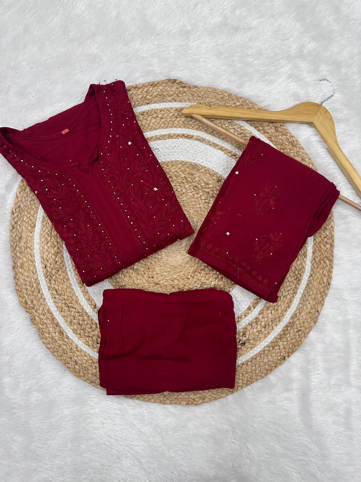 Ranjha Soft Rayon Cotton Mukaish Work Premium Quality Set - Maroon
