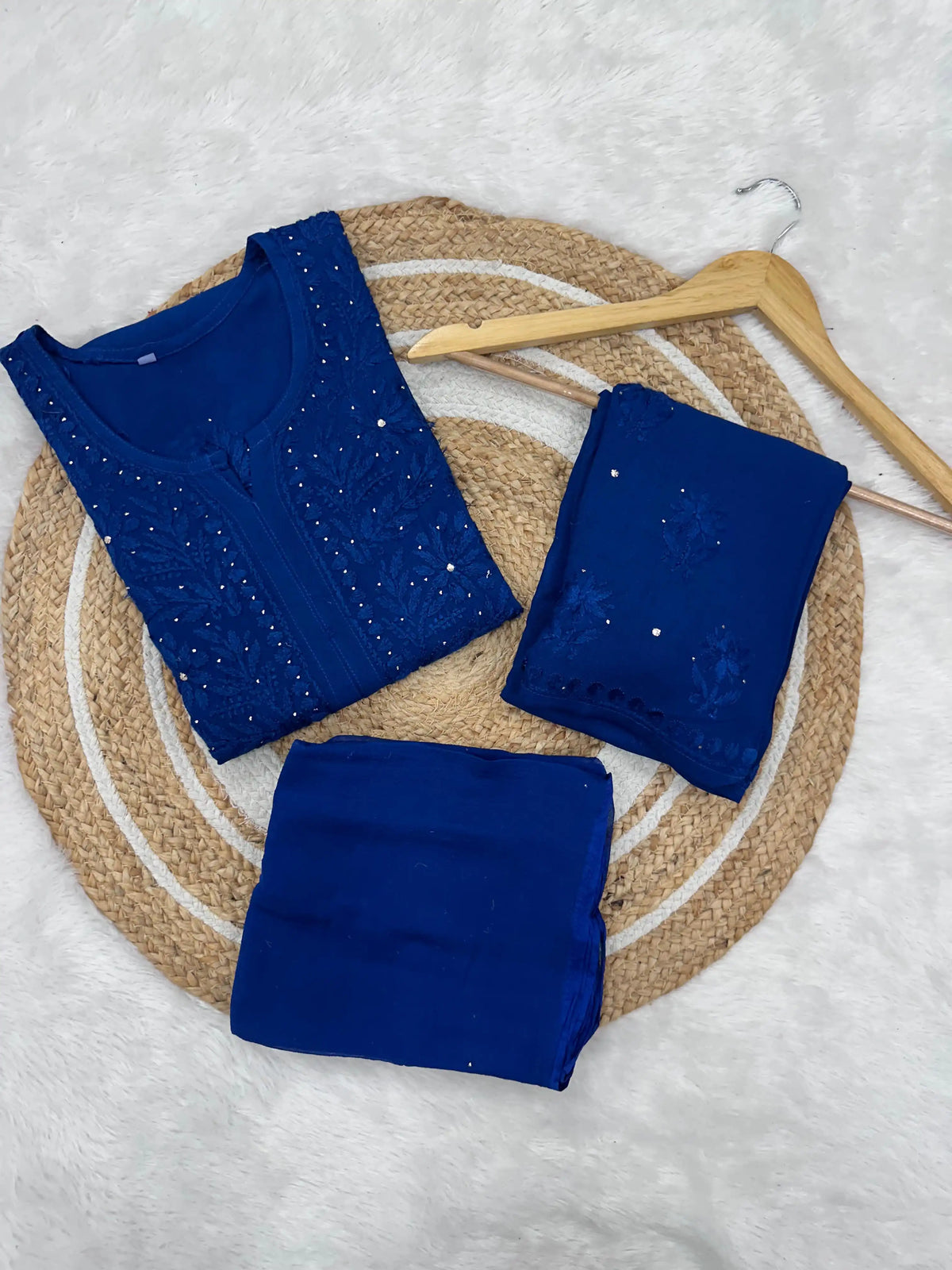 Ranjha Soft Rayon Cotton Mukaish Work Premium Quality Set - Navy Blue