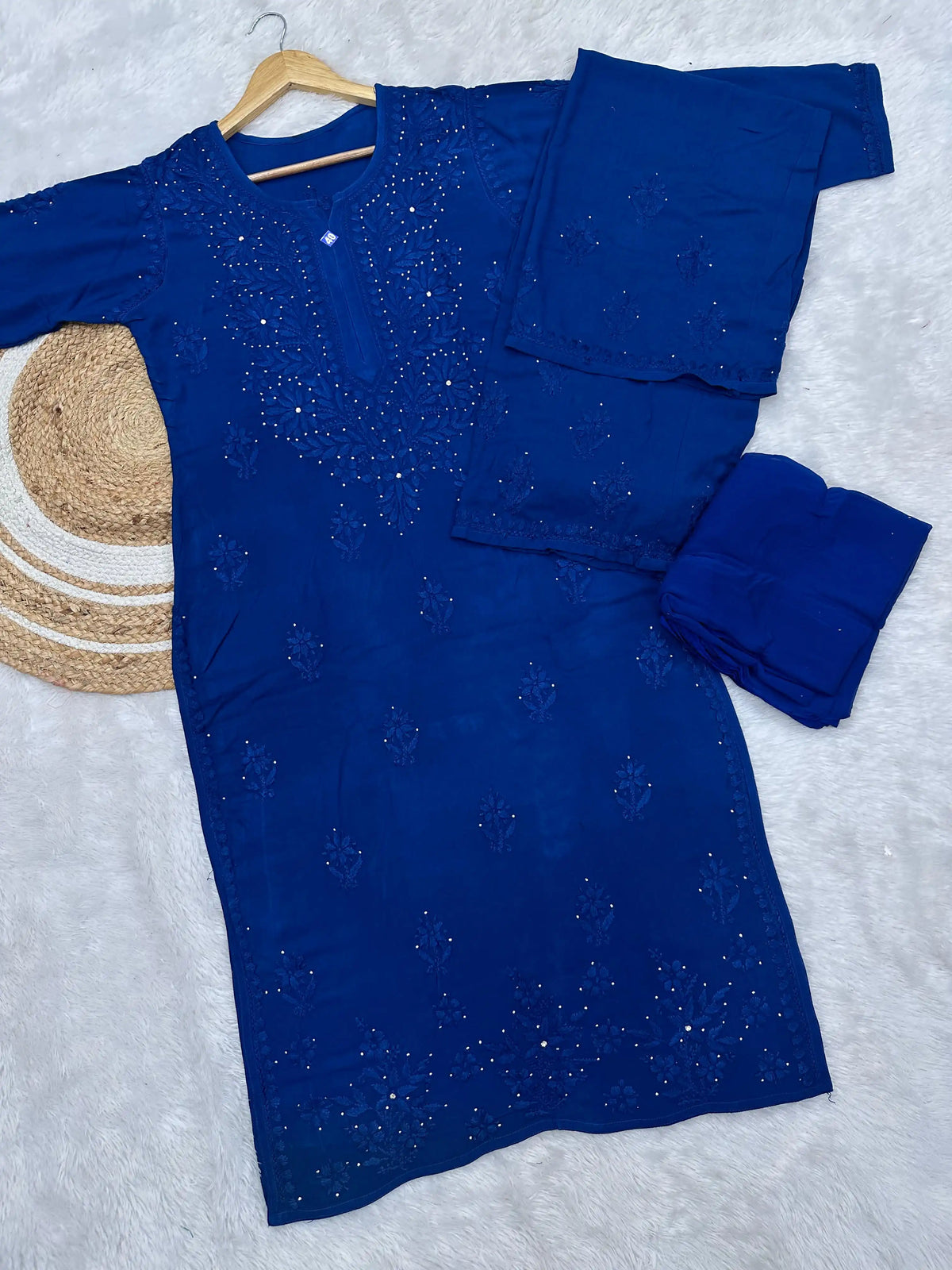Ranjha Soft Rayon Cotton Mukaish Work Premium Quality Set - Navy Blue