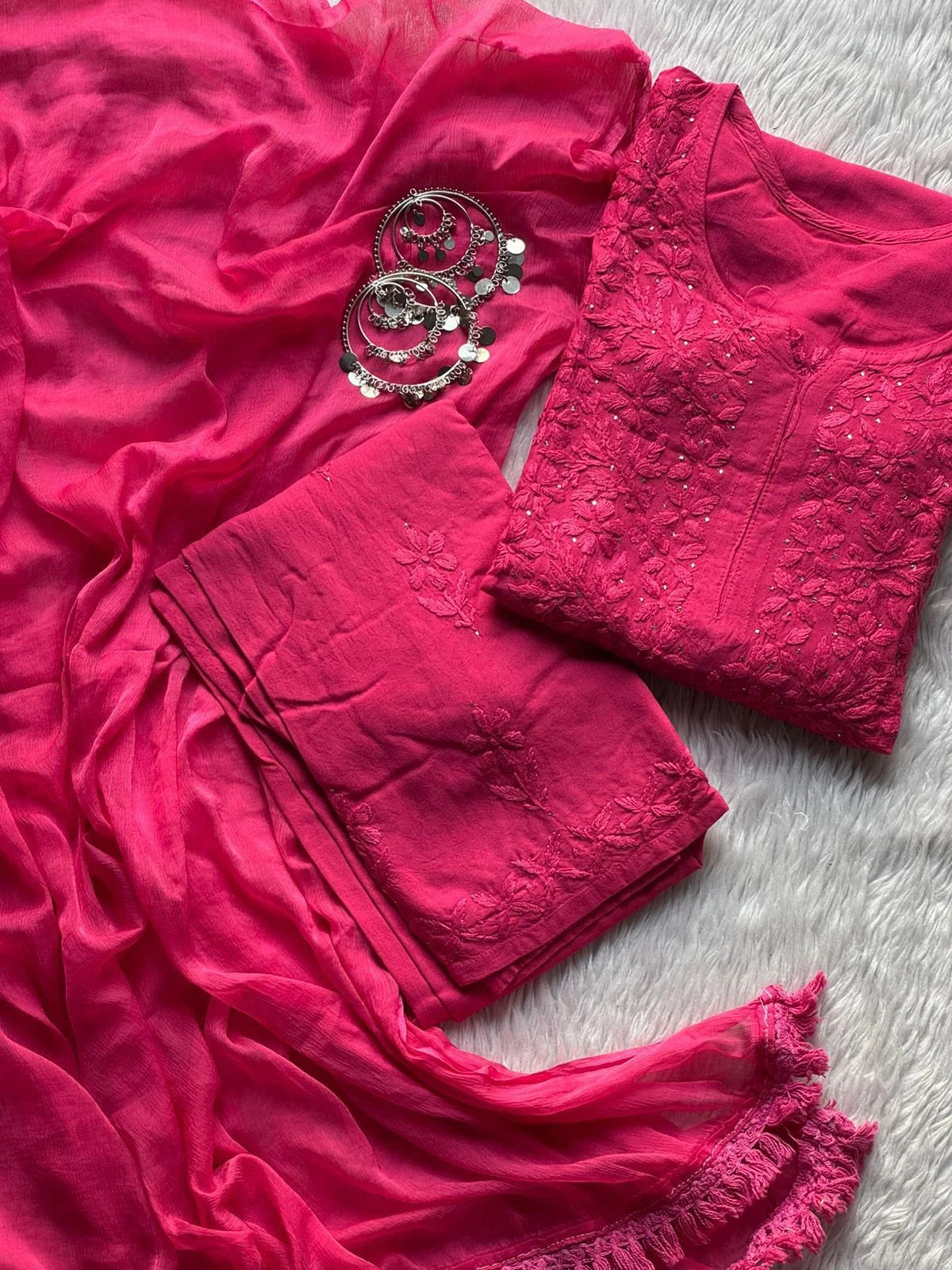 Ranjha Soft Rayon Cotton Mukaish Work Premium Quality Set - Rani Pink