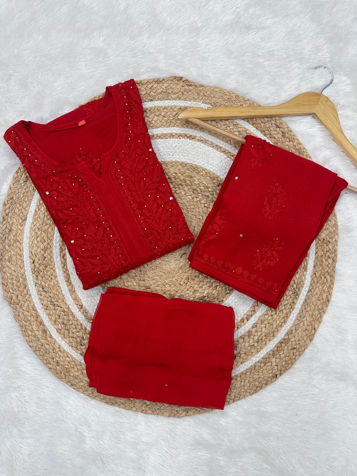 Ranjha Soft Rayon Cotton Mukaish Work Premium Quality Set - Red