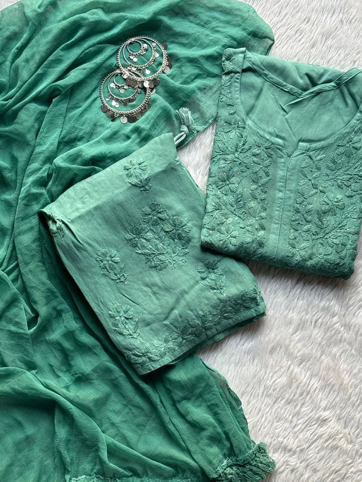 Ranjha Soft Rayon Cotton Mukaish Work Premium Quality Set - Sea Green