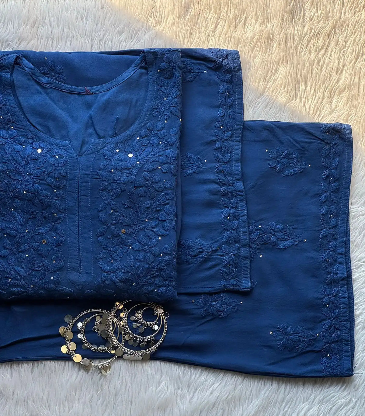 Ranjhna Rayon Cotton Mukaish Work Chikankari Kurta Set - Blue