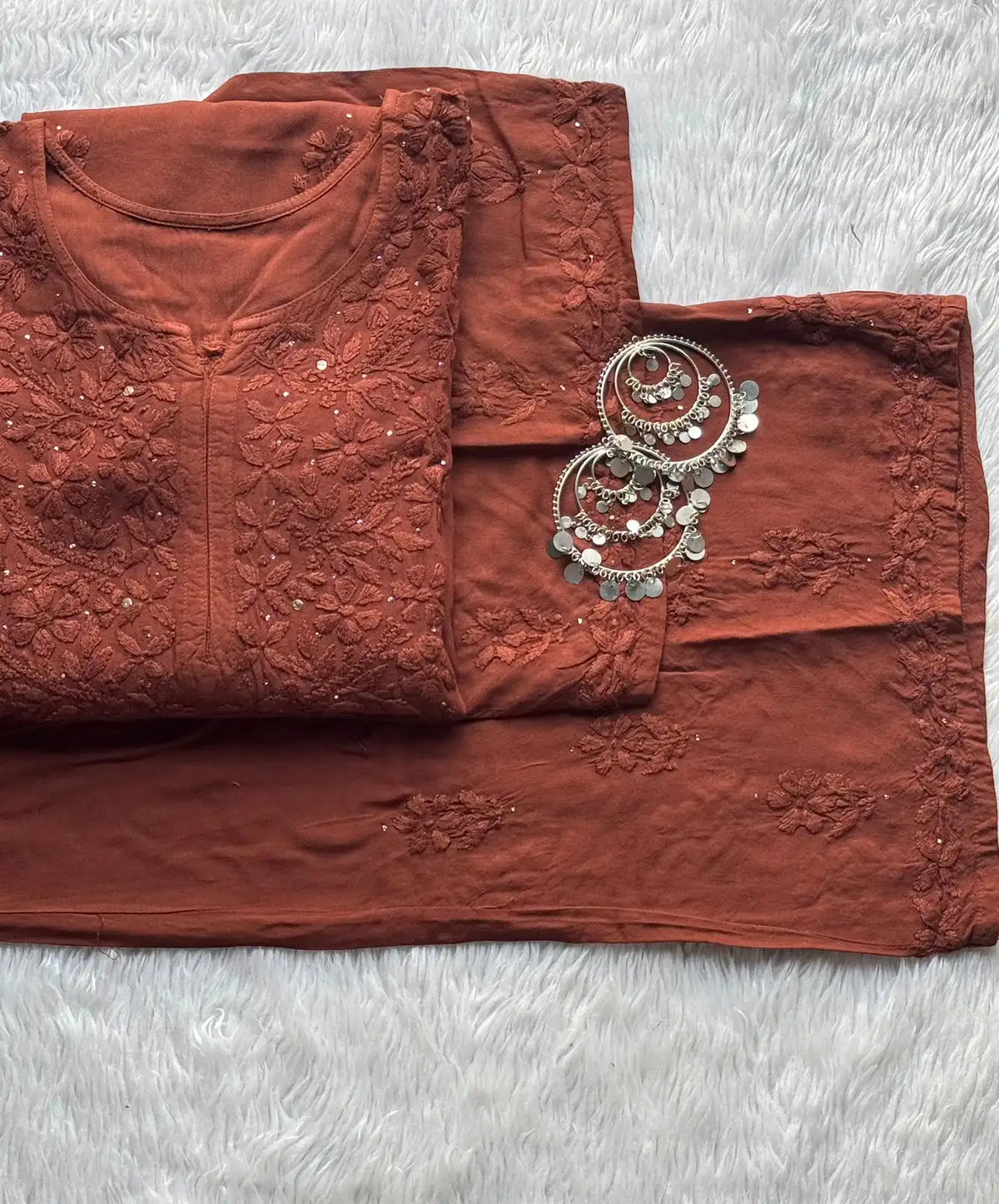 Ranjhna Rayon Cotton Mukaish Work Chikankari Kurta Set - Brown