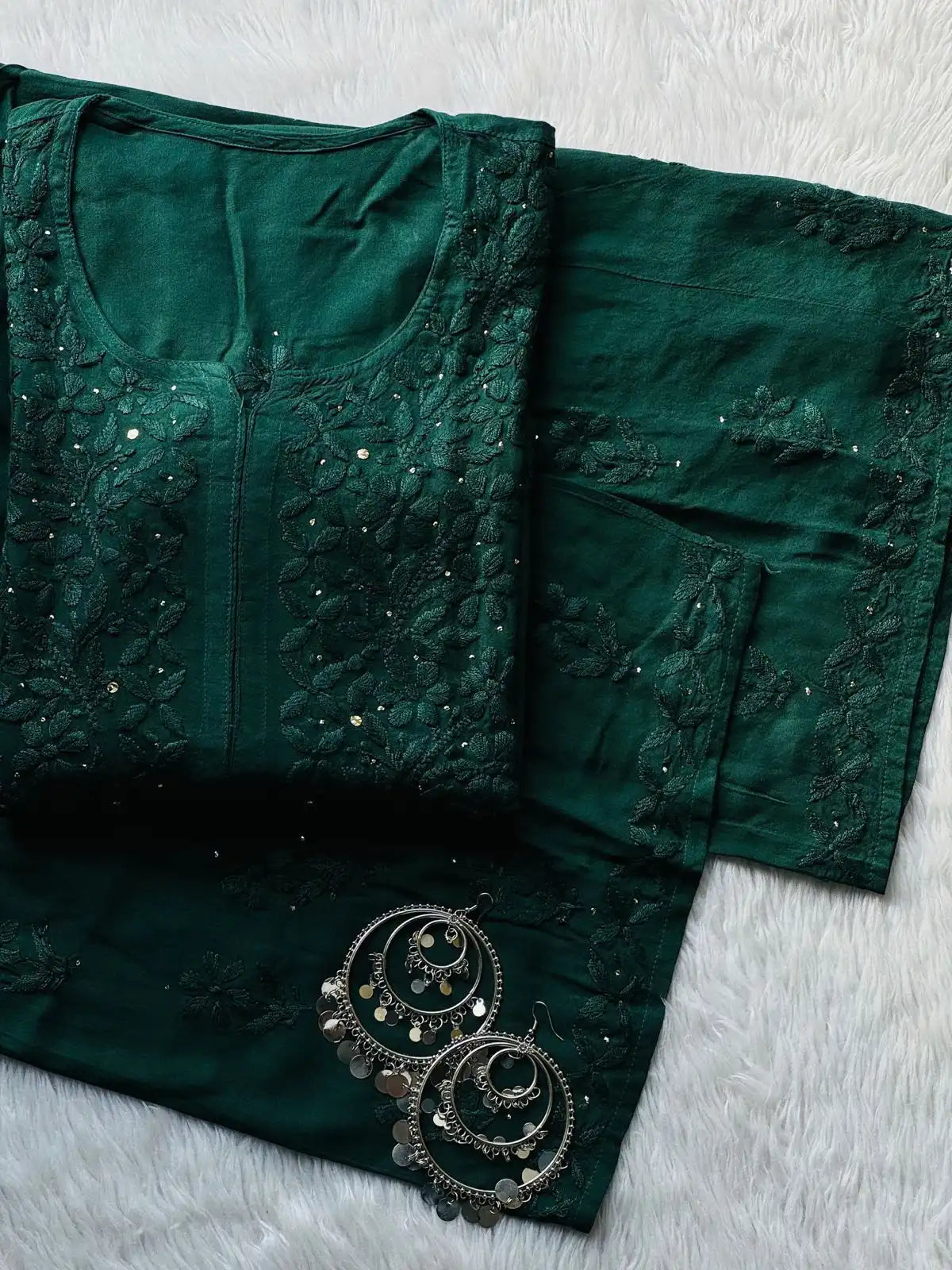 Ranjhna Rayon Cotton Mukaish Work Chikankari Kurta Set - Green