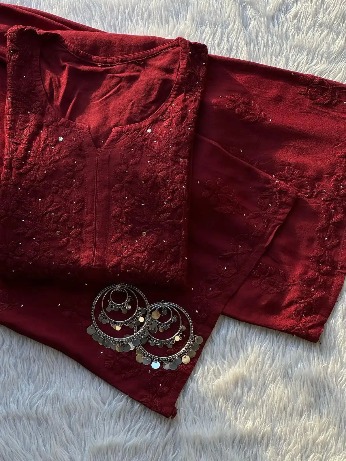 Ranjhna Rayon Cotton Mukaish Work Chikankari Kurta Set - Maroon