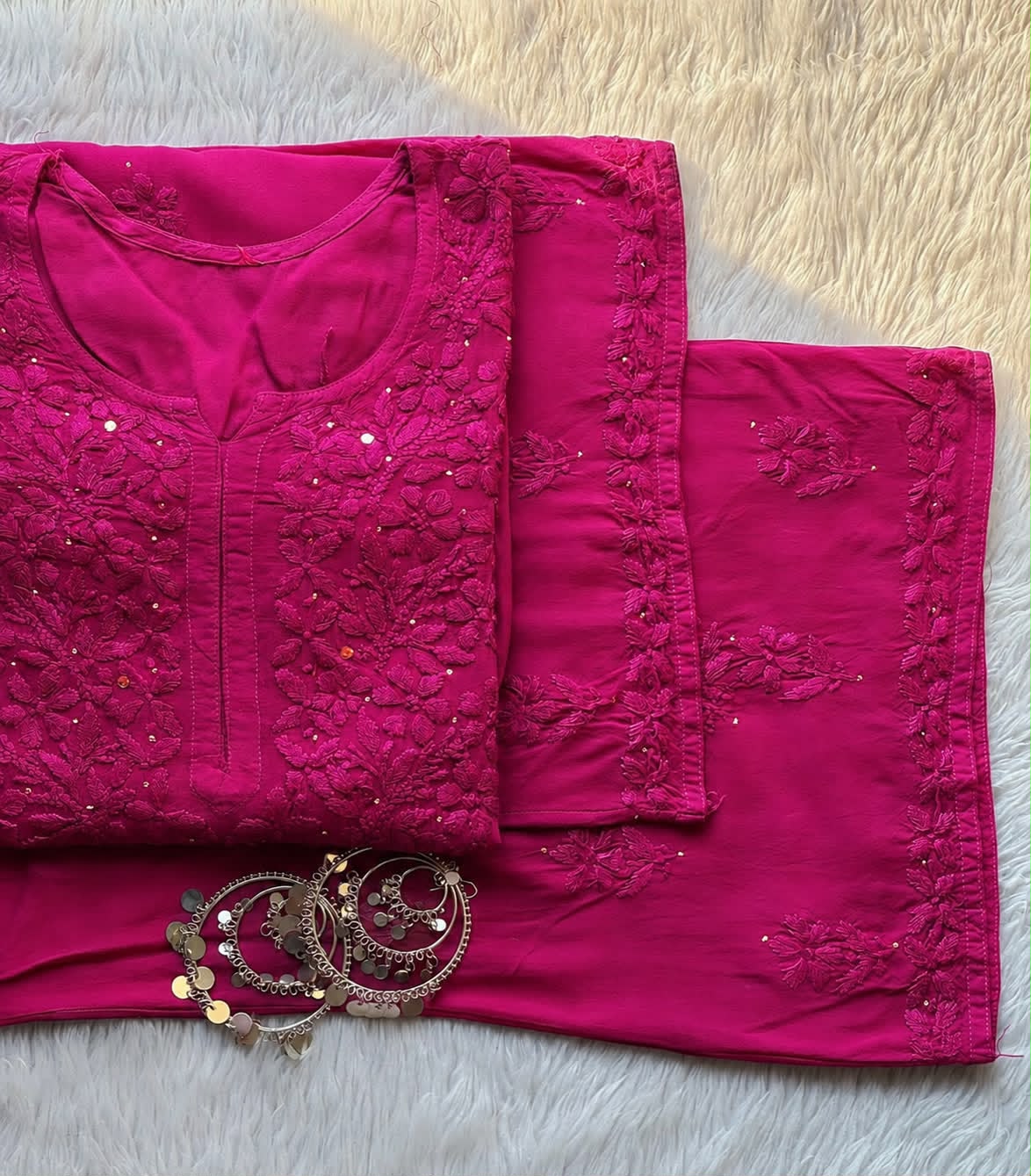 Ranjhna Rayon Cotton Mukaish Work Chikankari Kurta Set - PInk