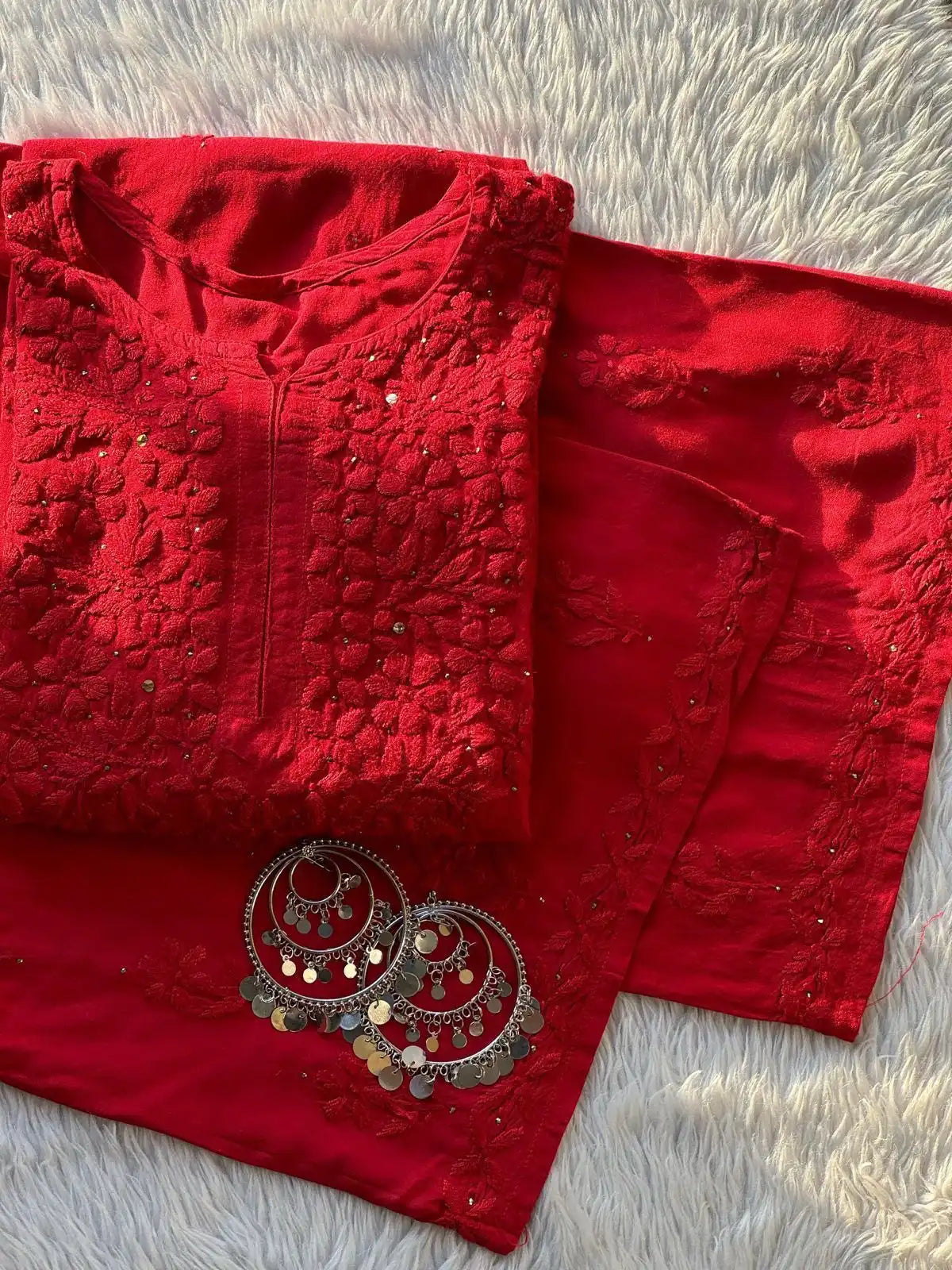 Ranjhna Rayon Cotton Mukaish Work Chikankari Kurta Set - Red