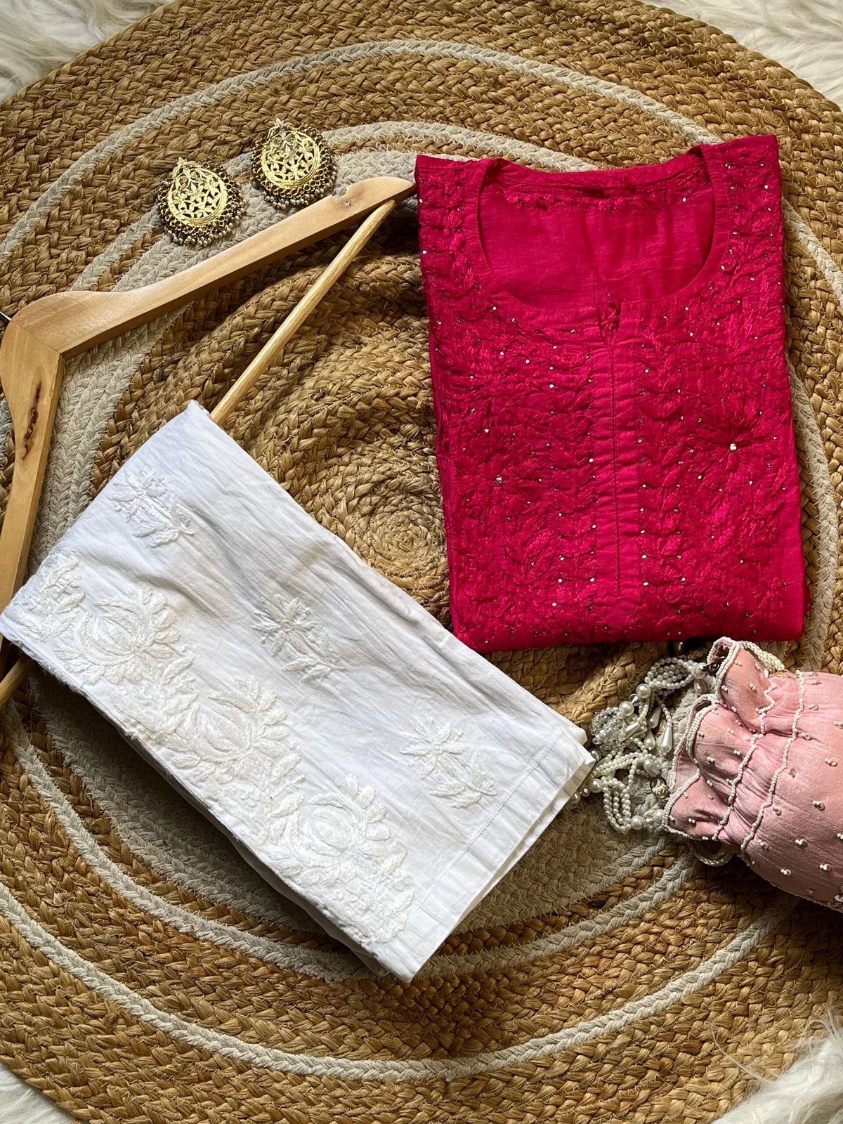 Rashi Chikankari Kurta Set - Rani Pink