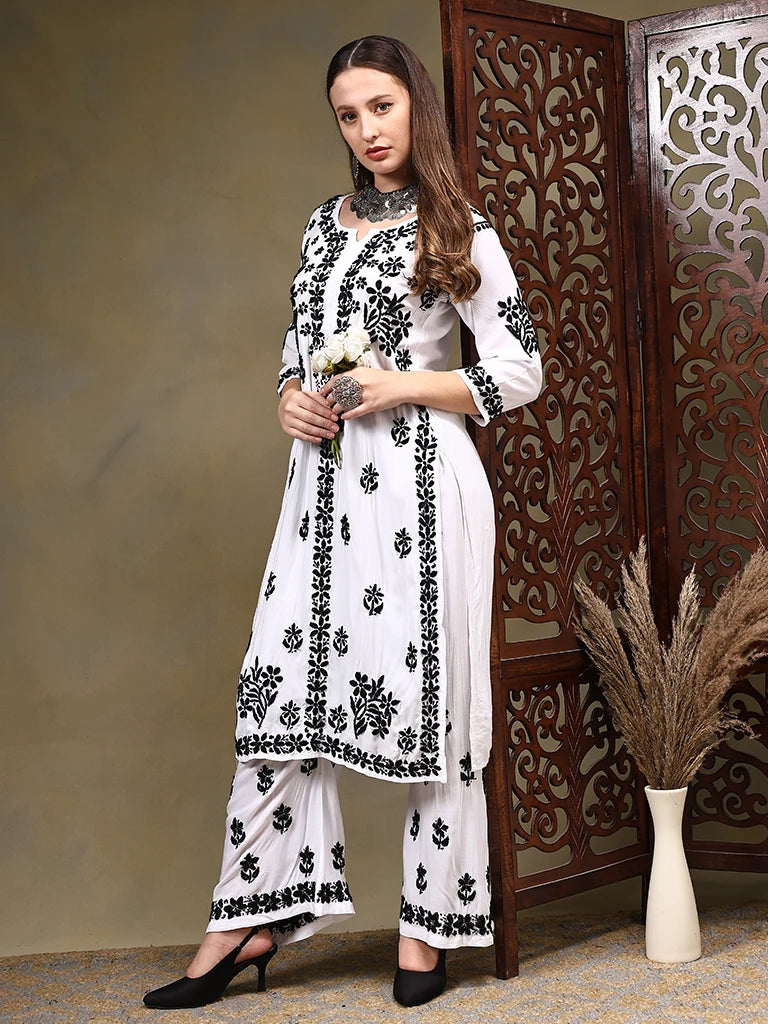 Rosa Modal  Chikankari Set - White And Black