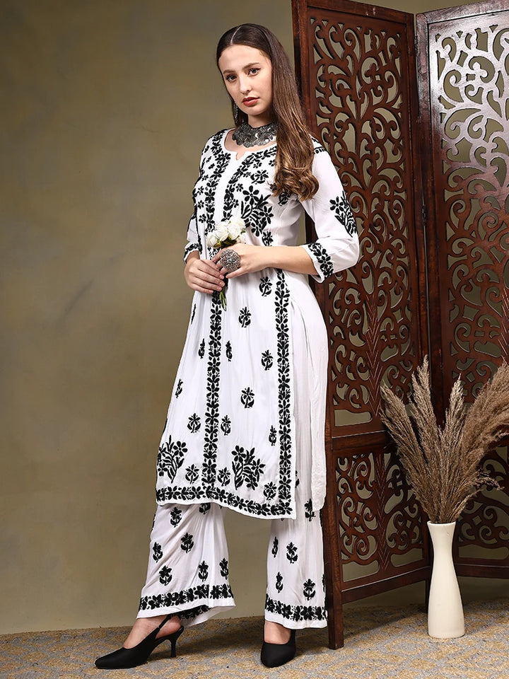 Rosa Modal  Chikankari Set - White And Black