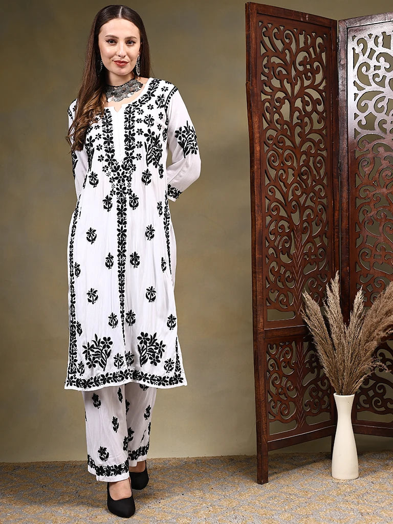 Rosa Modal  Chikankari Set - White And Black