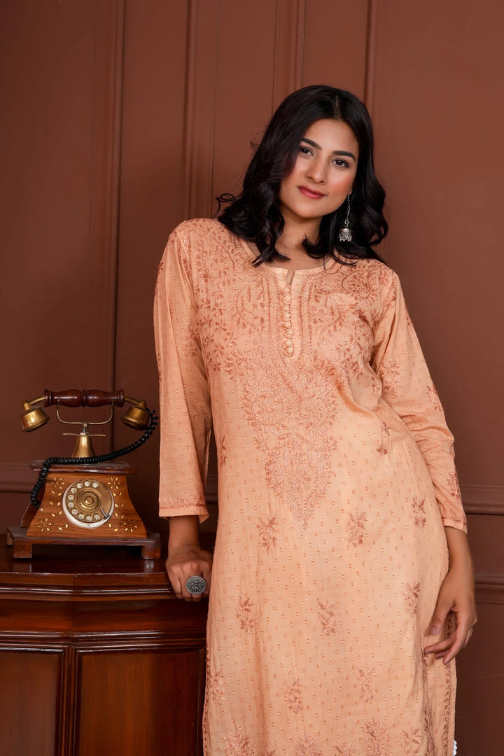 Ruhina Dobby Mul Cotton Chikankari Kurta - Rust