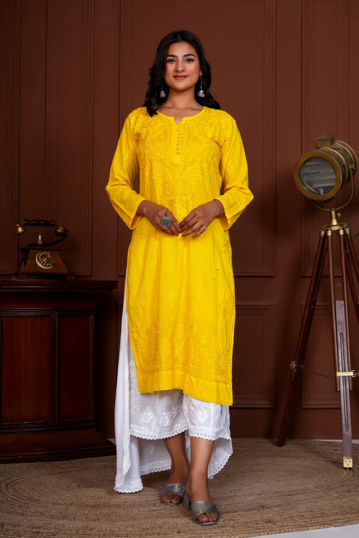 Ruhina Dobby Mul Cotton Chikankari Kurta - Yellow