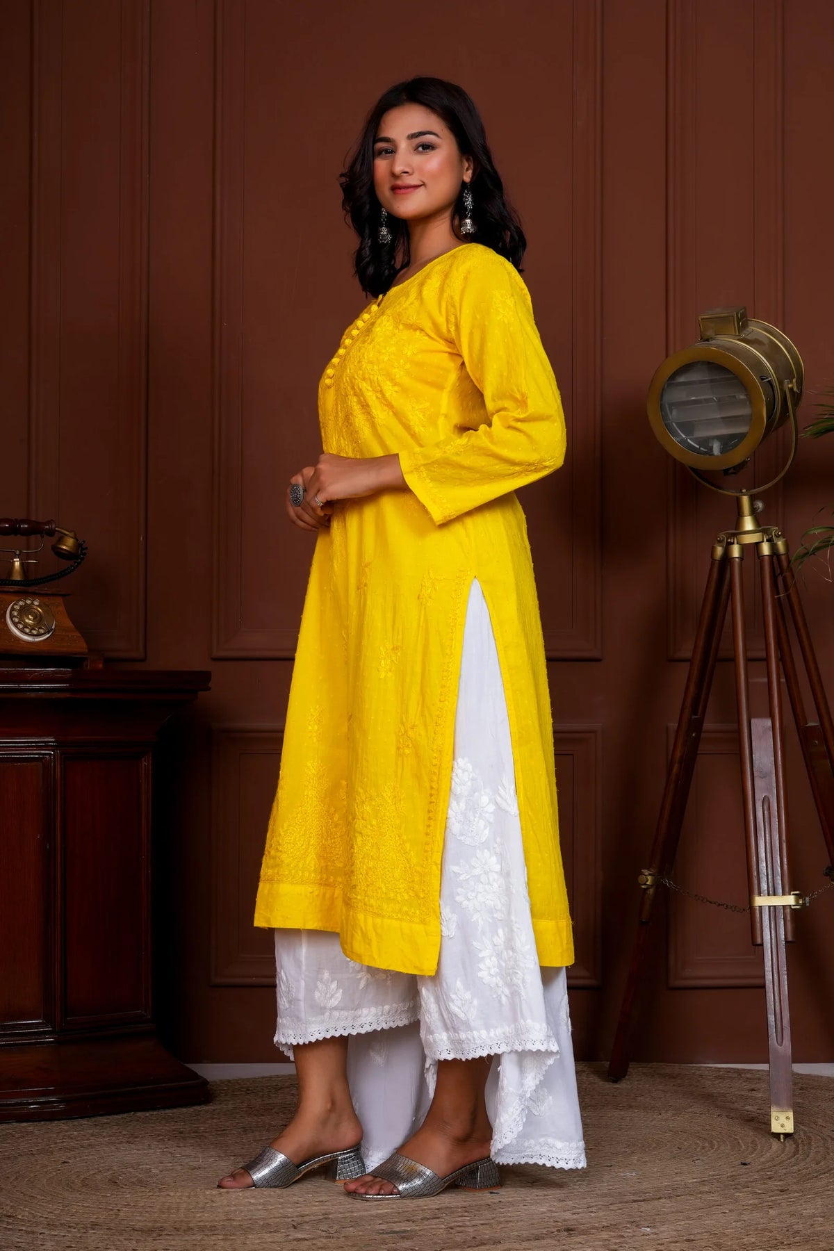 Ruhina Dobby Mul Cotton Chikankari Kurta - Yellow