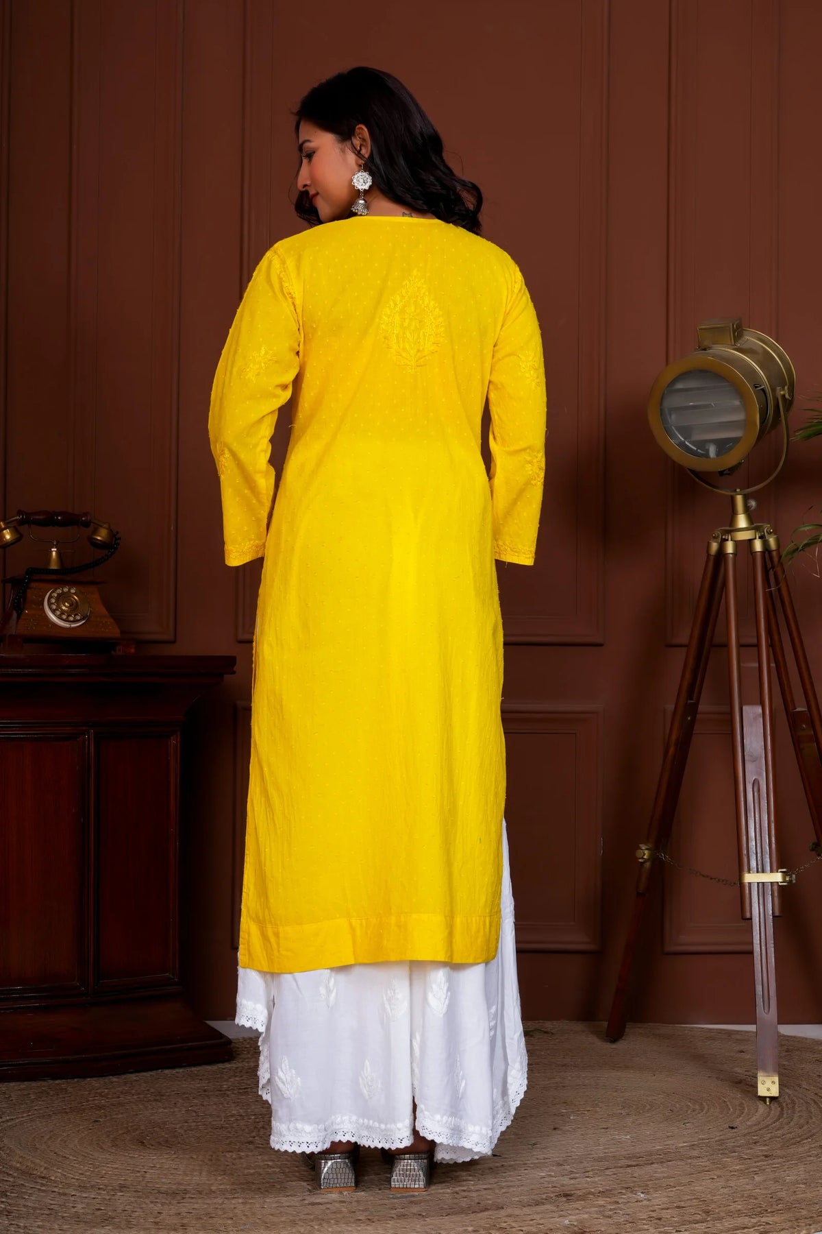 Ruhina Dobby Mul Cotton Chikankari Kurta - Yellow