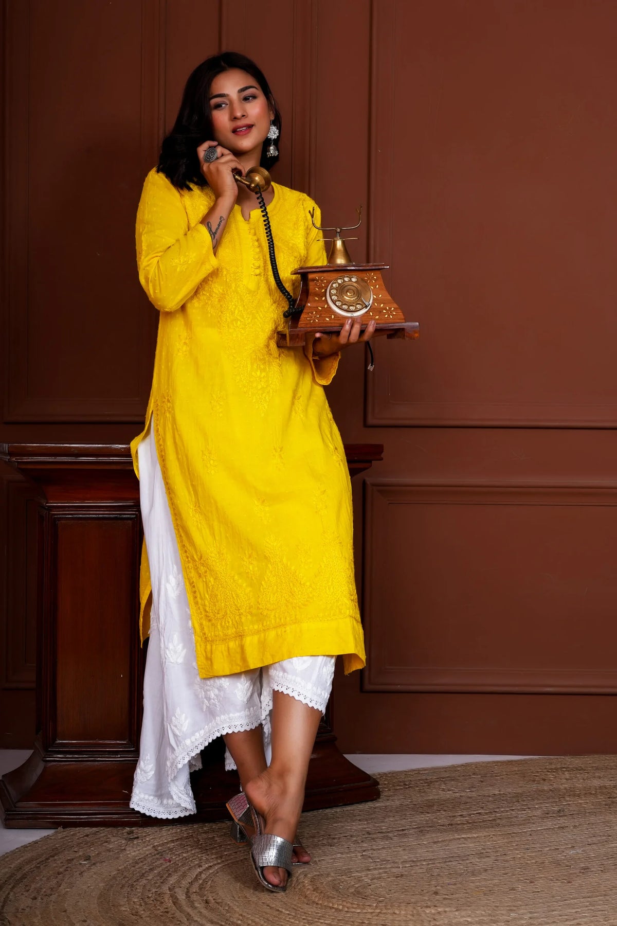 Ruhina Dobby Mul Cotton Chikankari Kurta - Yellow