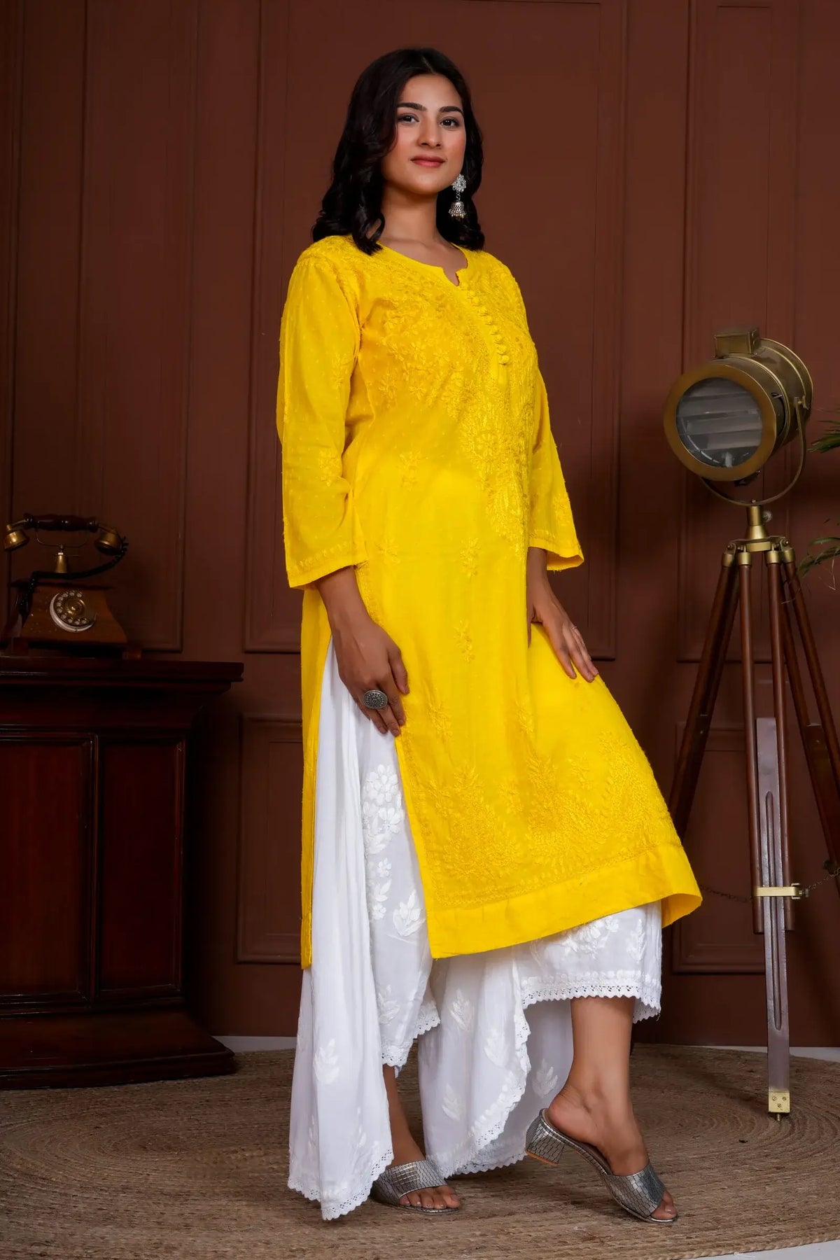 Ruhina Dobby Mul Cotton Chikankari Kurta - Yellow
