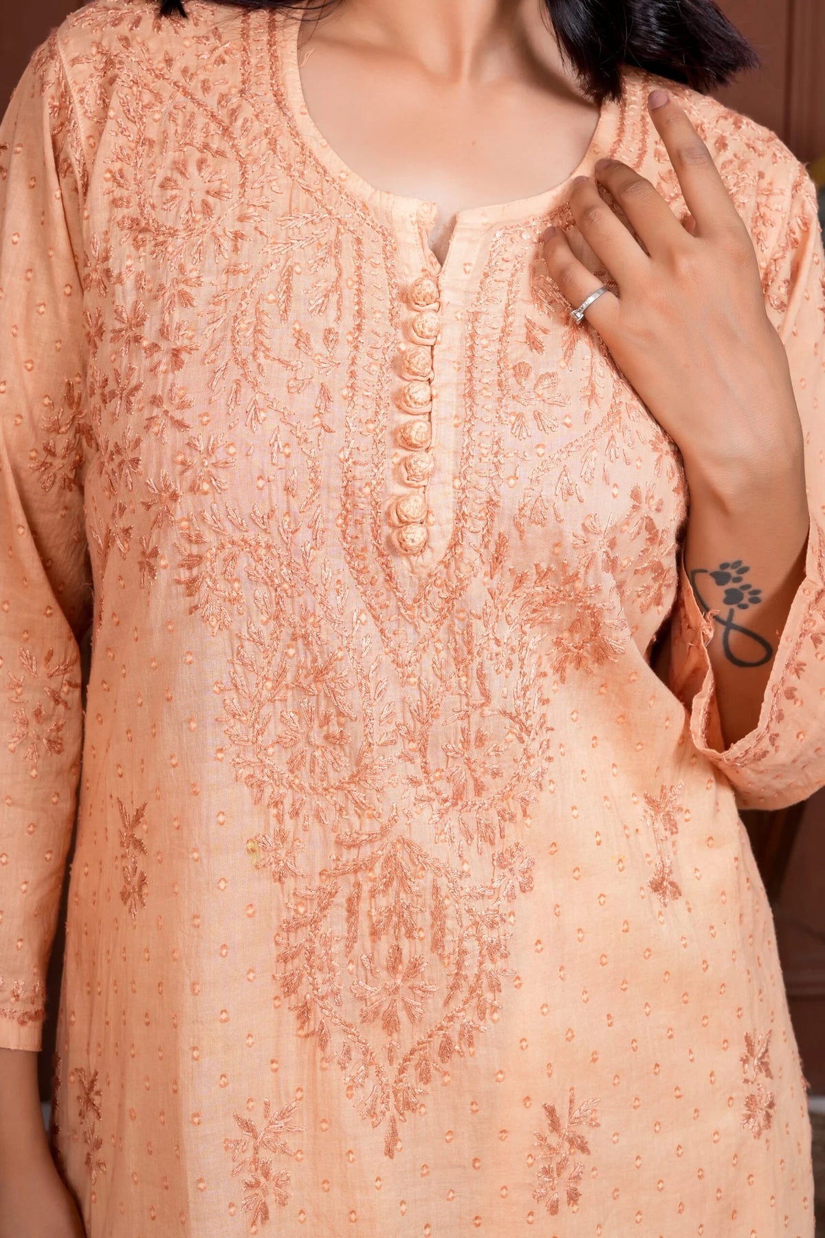 Ruhina Dobby Mul Cotton Chikankari Kurta - Rust