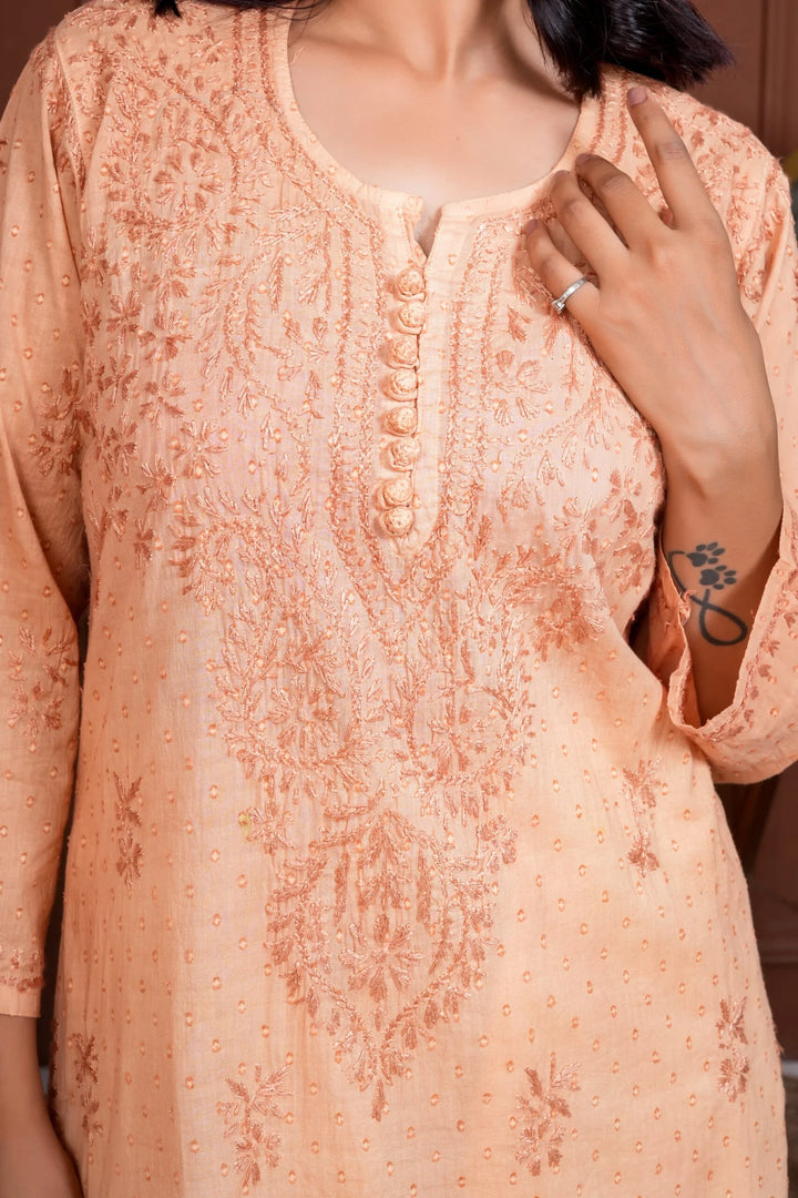 Ruhina Dobby Mul Cotton Chikankari Kurta - Rust