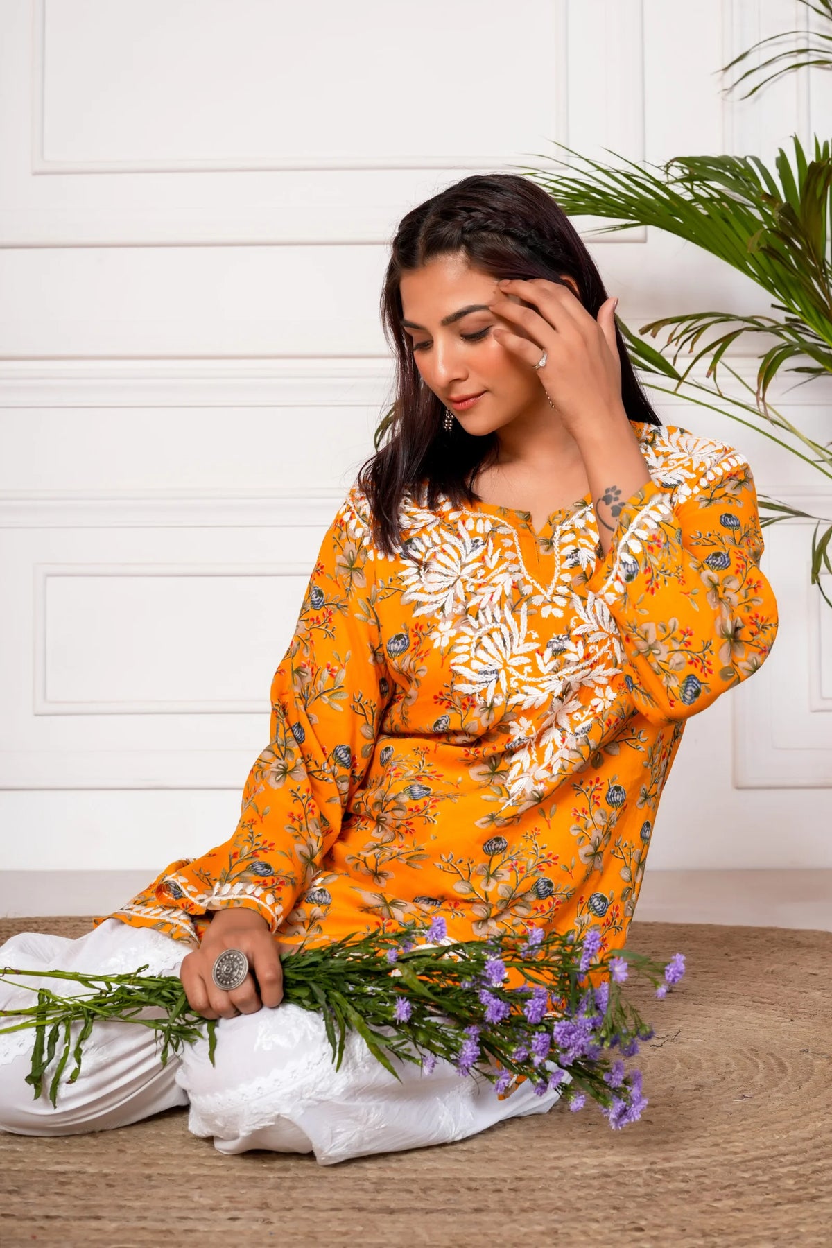 Saba Mulmul Cotton Short Kurta – Yellow