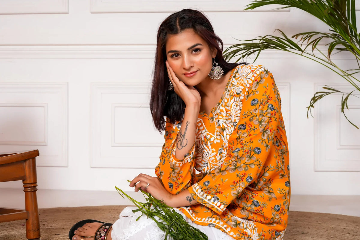 Saba Mulmul Cotton Short Kurta – Yellow