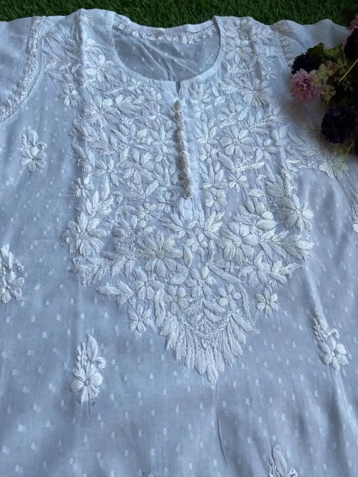 Safeda Dobby Mul Cotton Chikankari Kurta Croshiya Buttons