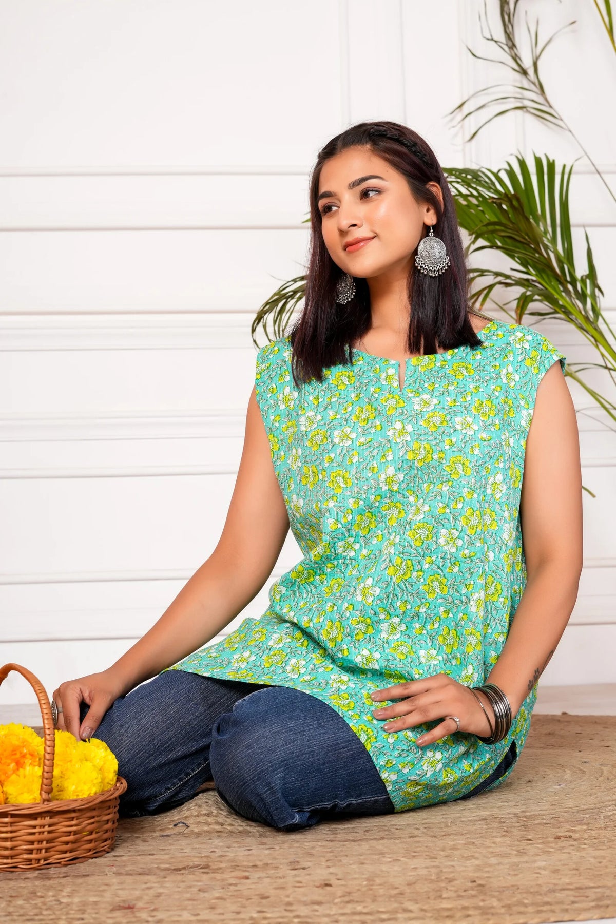 Sanjh Handblock Printed Short Kurta - Green