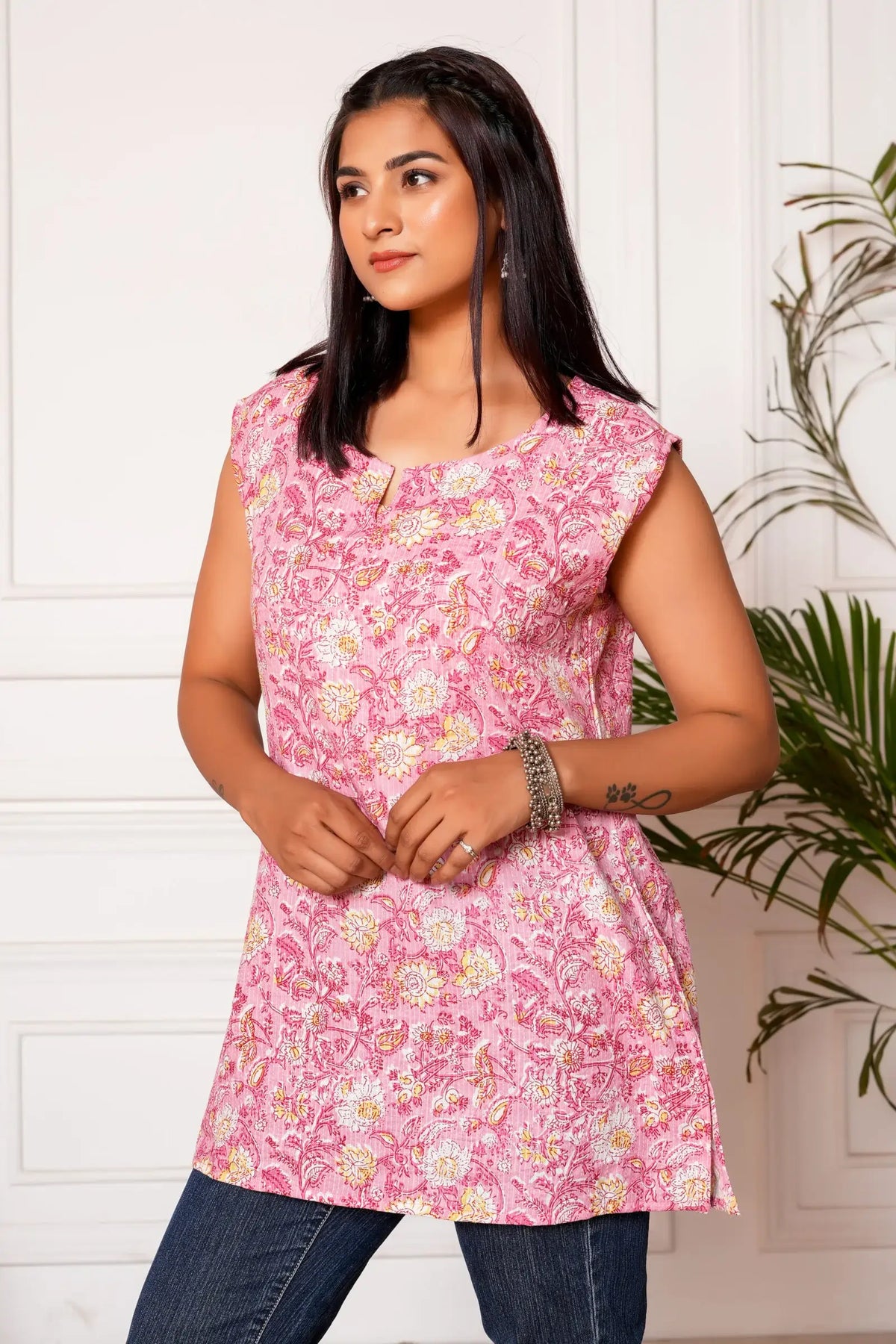Sanjh Handblock Printed Short Kurta - Pink