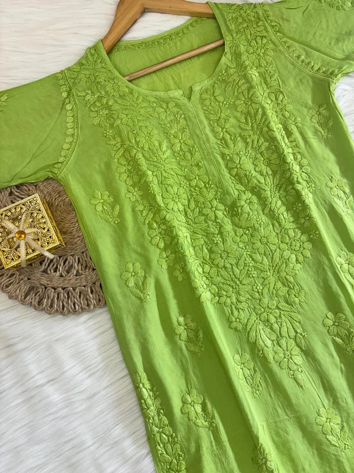 Sayra Pure Modal Chikankari Kurtas - Clematis Green