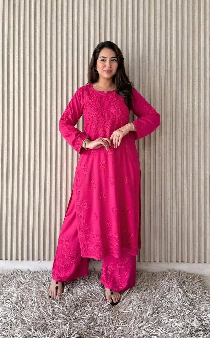 Shradha Rayon Cotton Chikankari Kurta Set – Magenta Gem