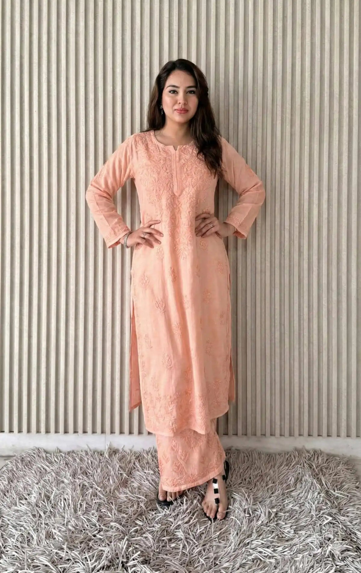 Shradha Rayon Cotton Chikankari Kurta Set – Silky Peach