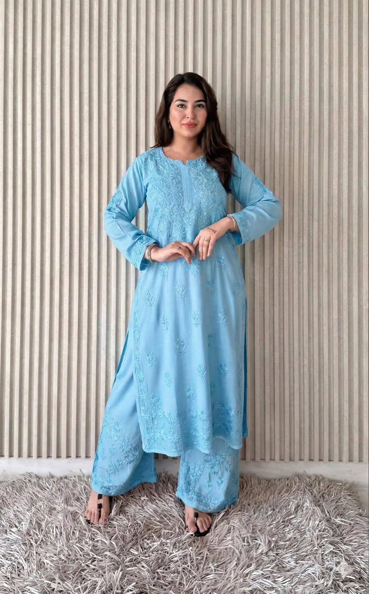 Shradha Rayon Cotton Chikankari Kurta Set – Blue