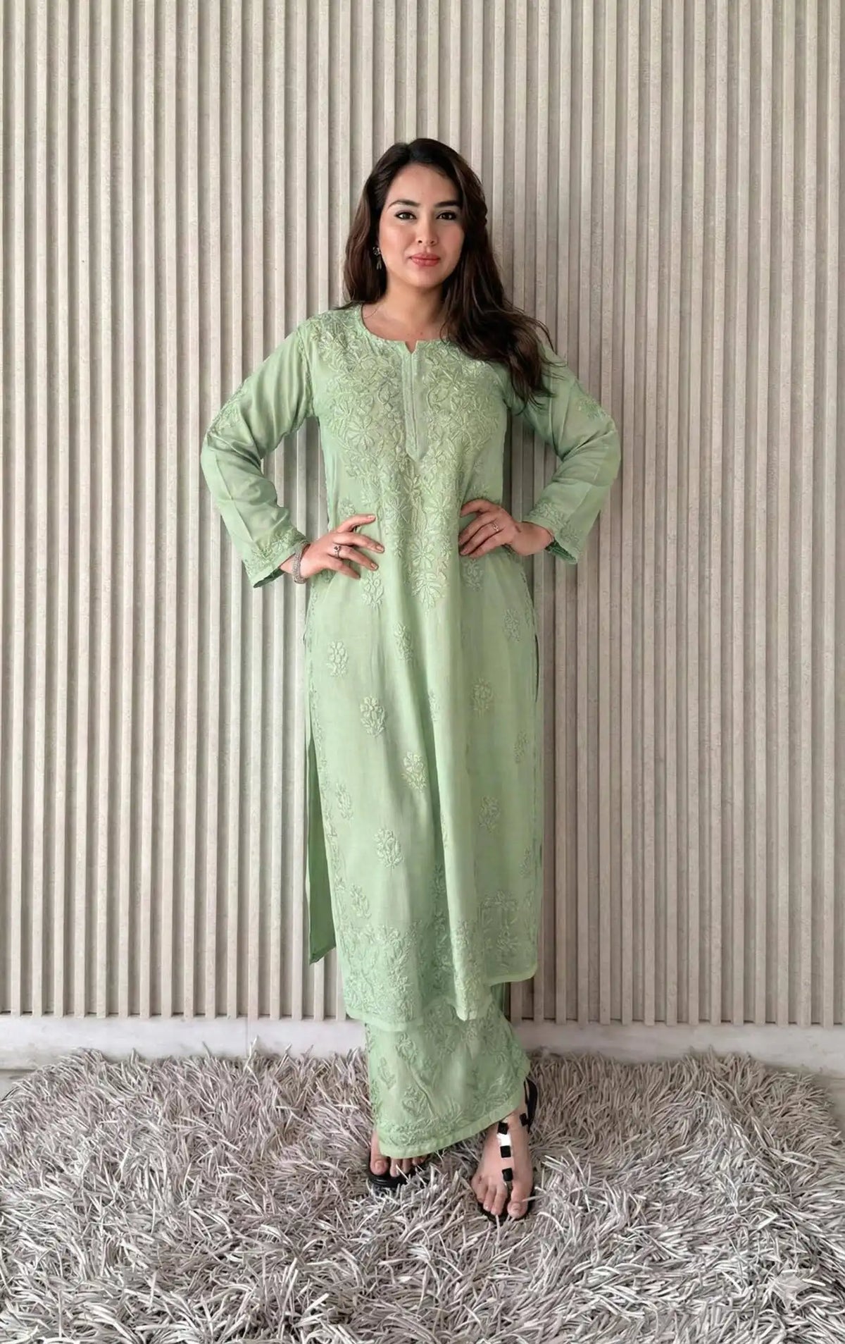 Shradha Rayon Cotton Chikankari Kurta Set – Cool Sage Green