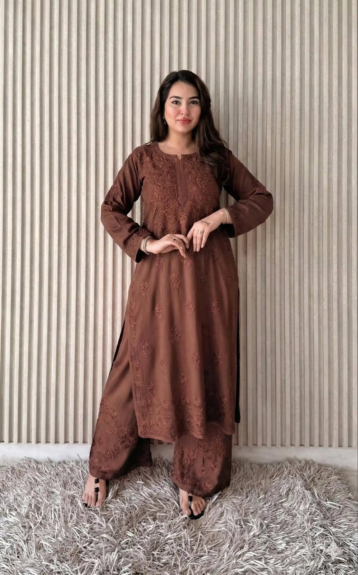 Shradha Rayon Cotton Chikankari Kurta Set – Light Chocolate