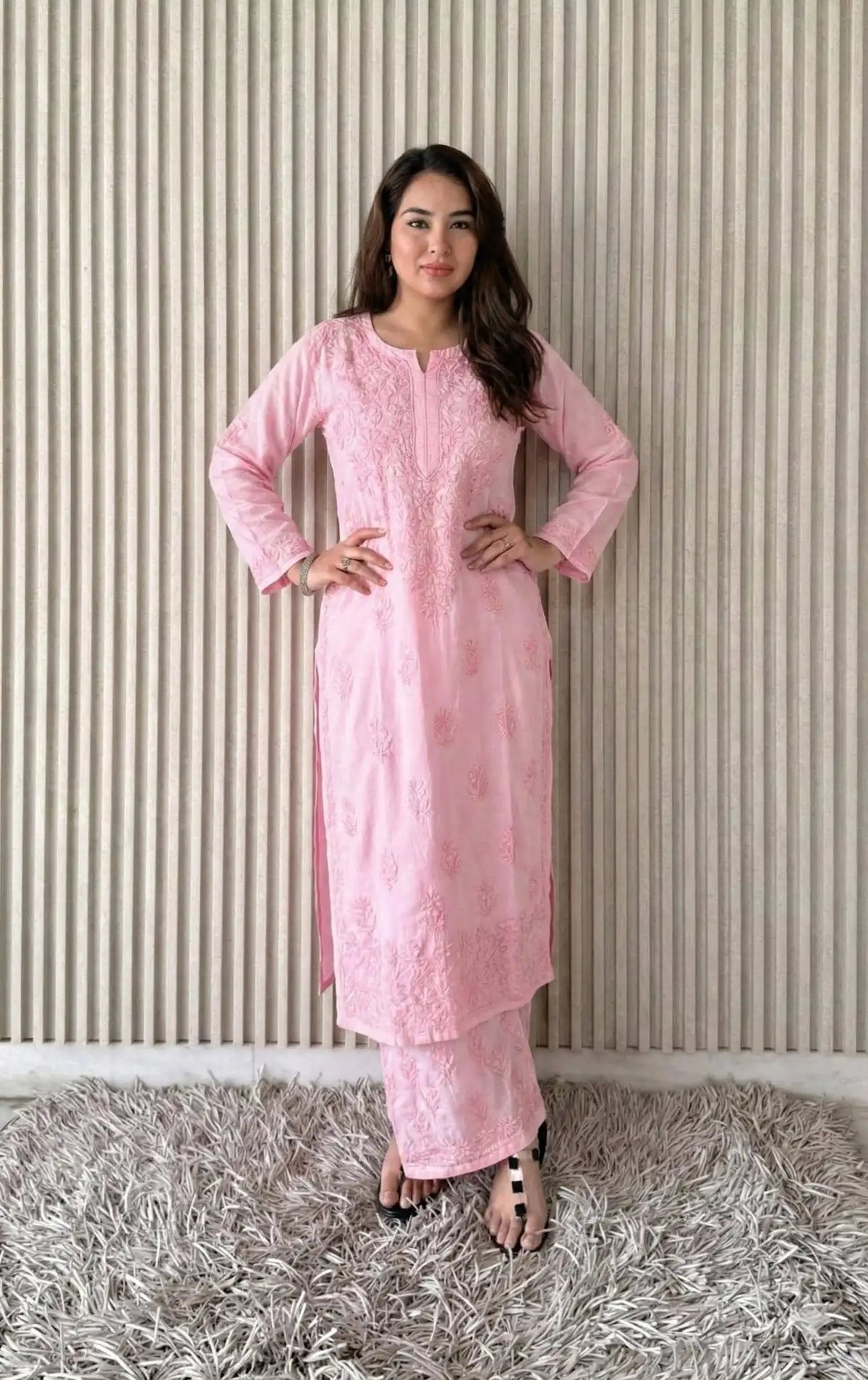 Shradha Rayon Cotton Chikankari Kurta Set- Misty Pink