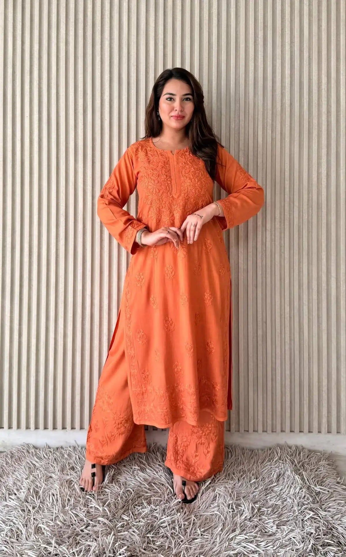 Shradha Rayon Cotton Chikankari Kurta Set – Orange