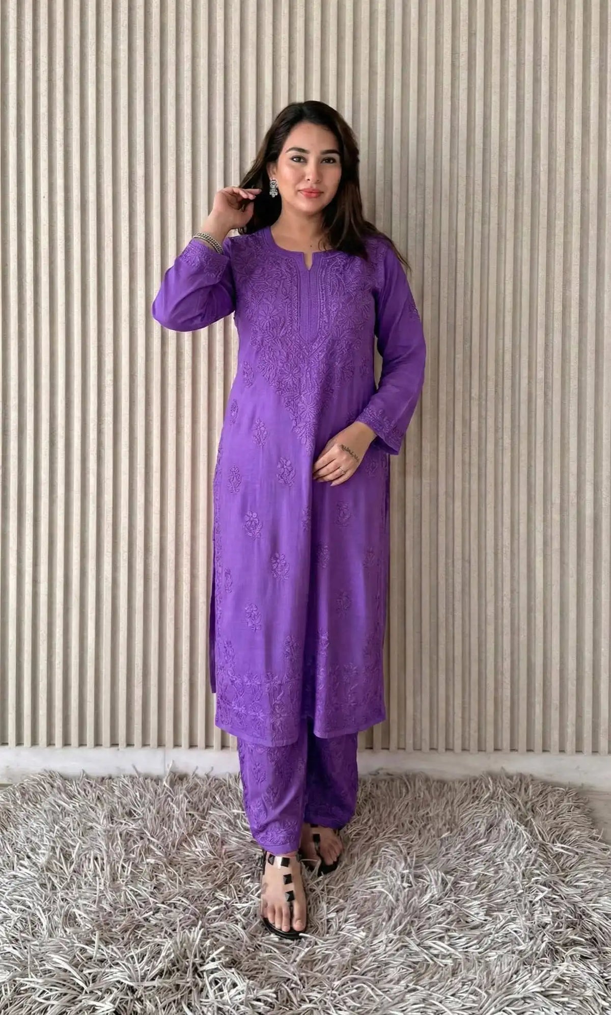 Shradha Rayon Cotton Chikankari Kurta Set – Purple