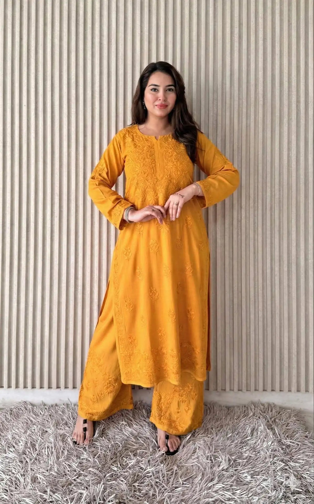 Shradha Rayon Cotton Chikankari Kurta Set – Yellow