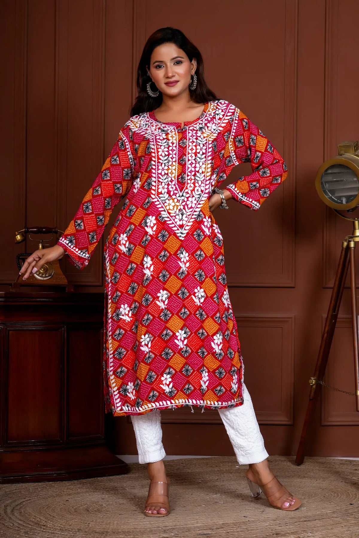 Umang Rayon Bandhani Printed Chikankari Kurta - Pink