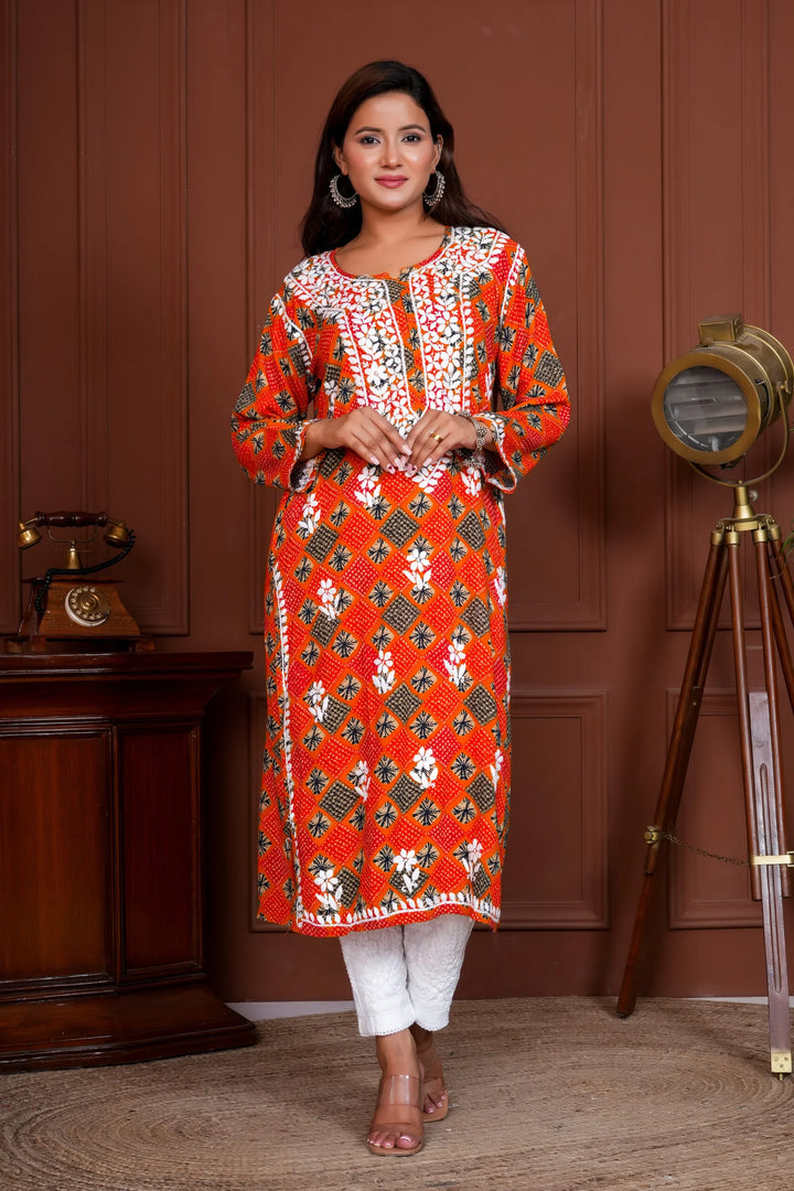 Umang Rayon Bandhani Printed Chikankari Kurta - Rust