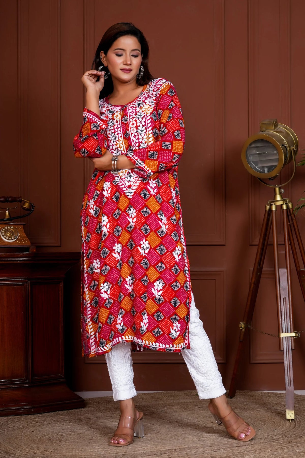 Umang Rayon Bandhani Printed Chikankari Kurta - Pink
