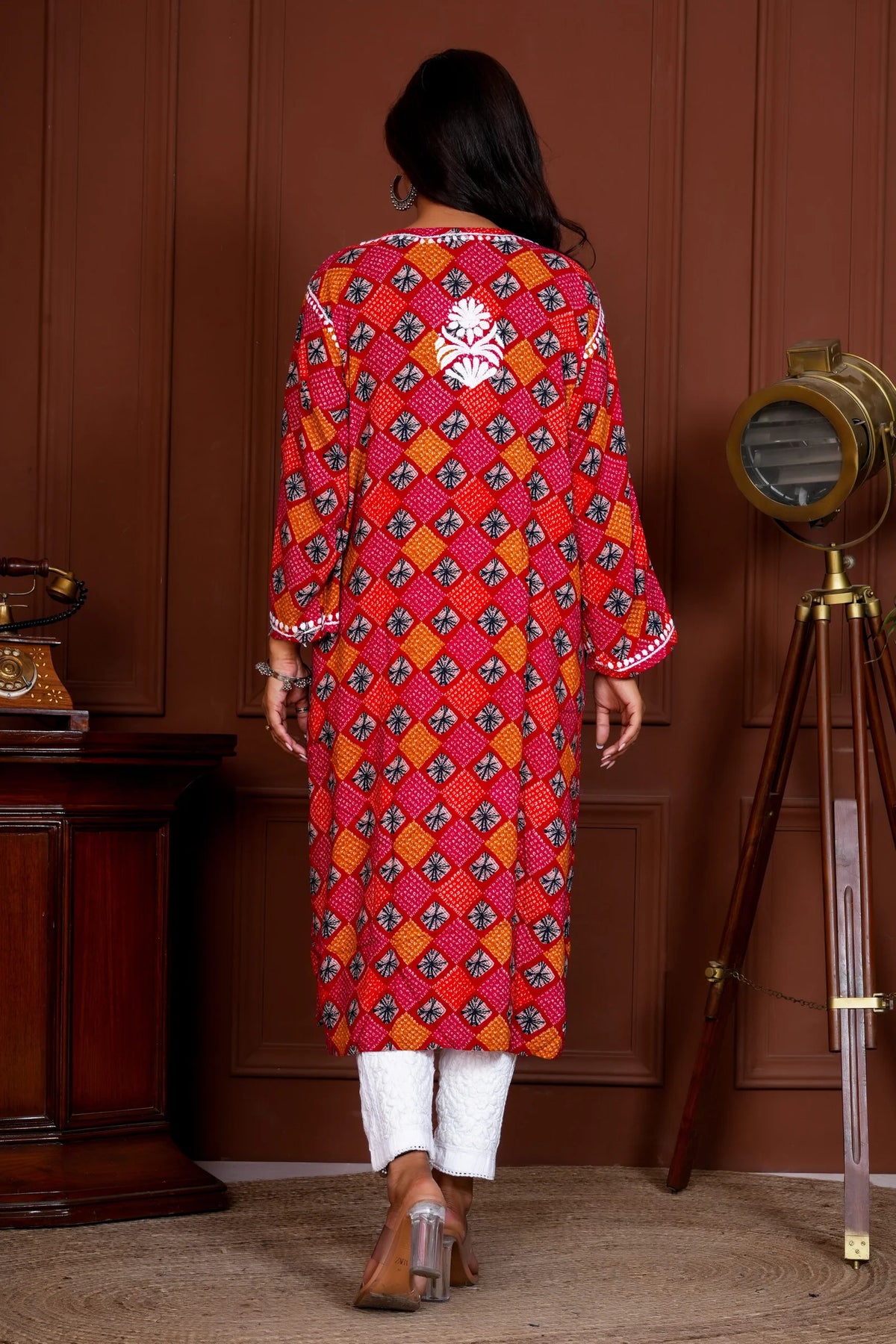 Umang Rayon Bandhani Printed Chikankari Kurta - Pink
