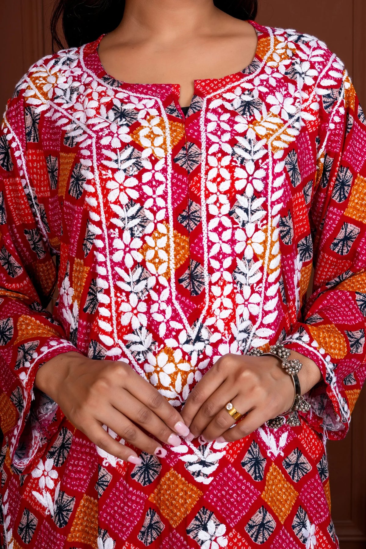 Umang Rayon Bandhani Printed Chikankari Kurta - Pink