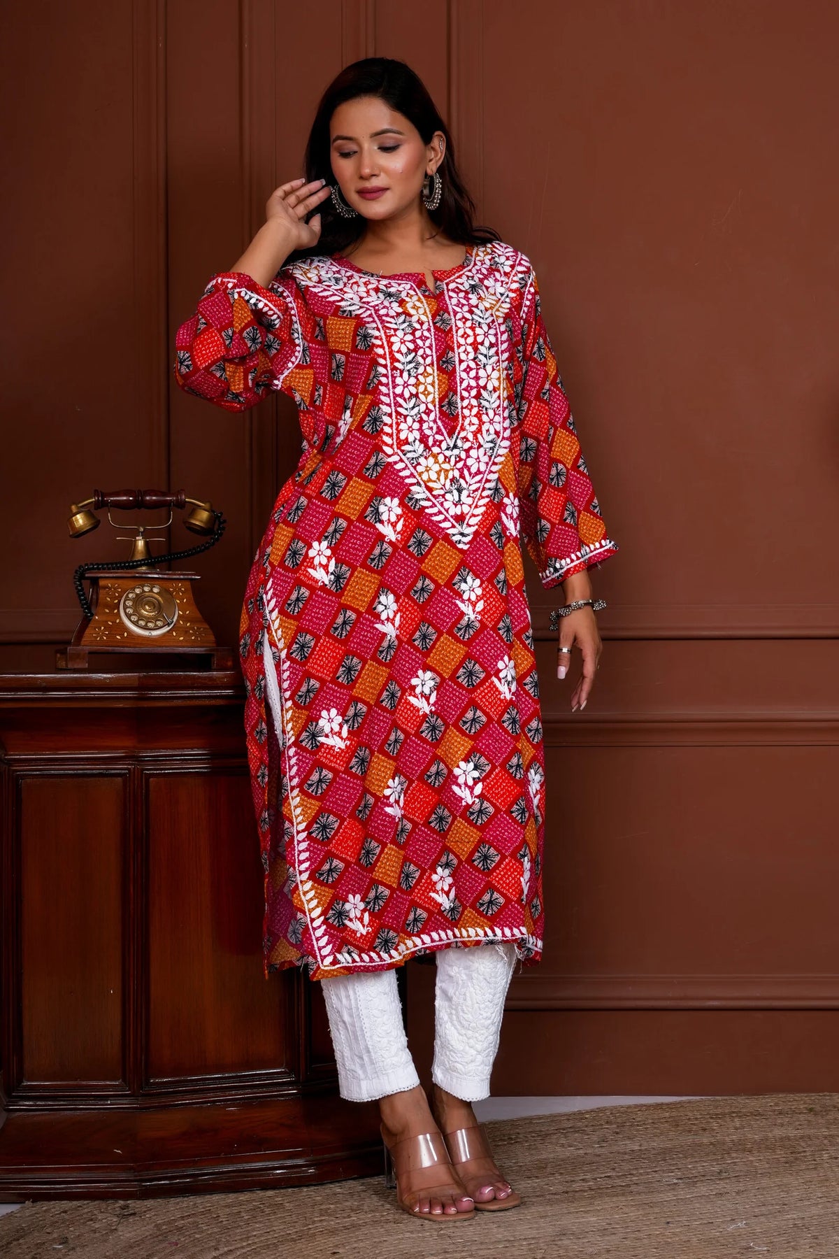 Umang Rayon Bandhani Printed Chikankari Kurta - Pink