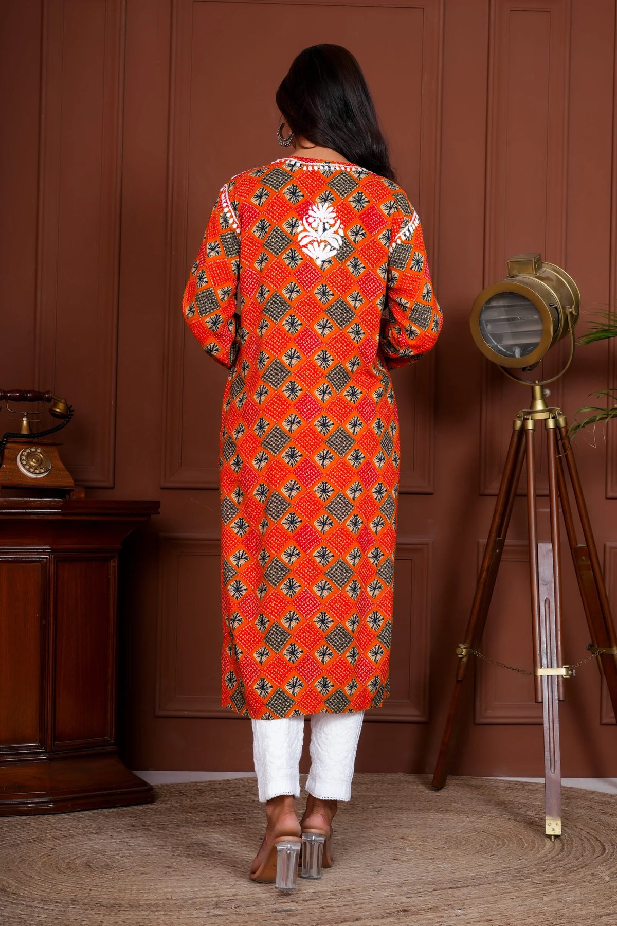 Umang Rayon Bandhani Printed Chikankari Kurta - Rust