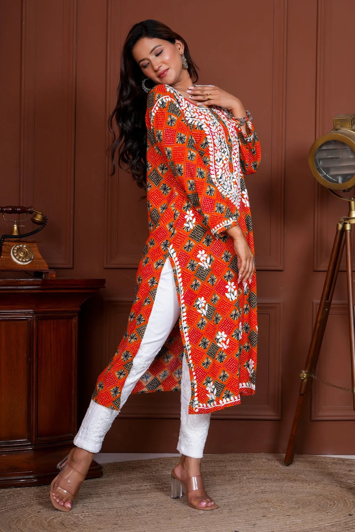 Umang Rayon Bandhani Printed Chikankari Kurta - Rust