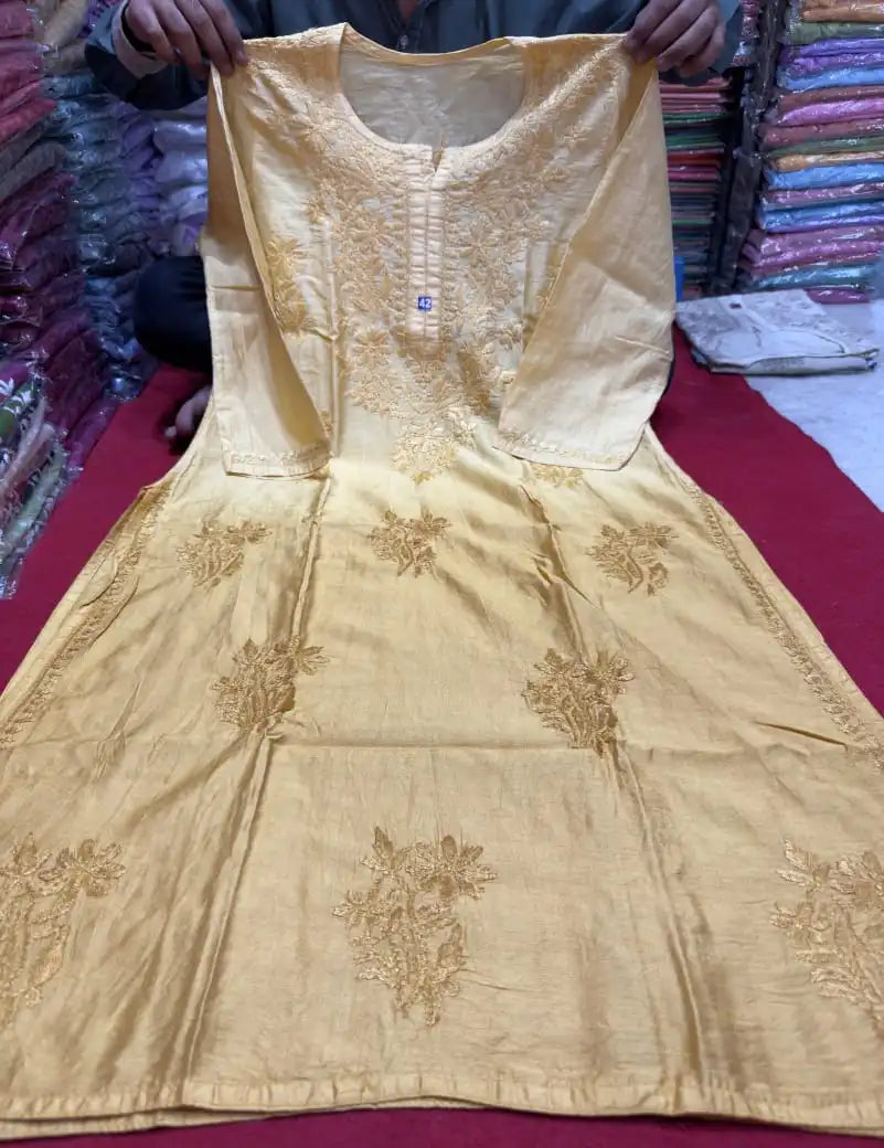 Vanya Chanderi Cotton Ombre Pattern Chikankari Kurta - Beige